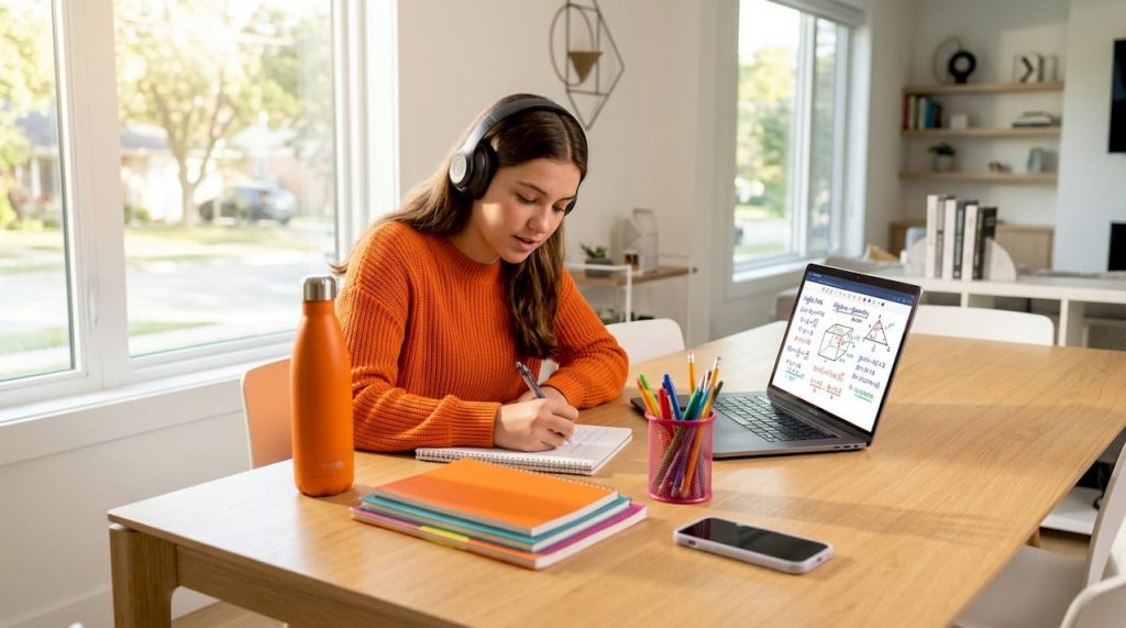 Student engaged in online tutoring at home