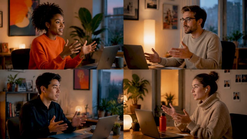 Remote team collaborating live via video conference
