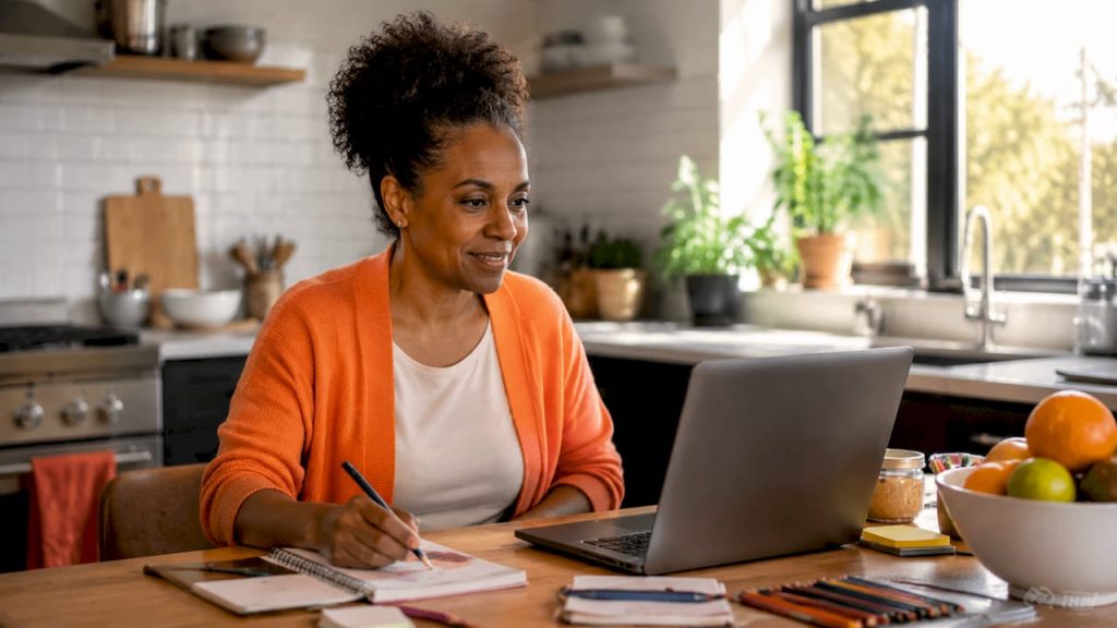 Woman engaged in virtual workshop at home desk
