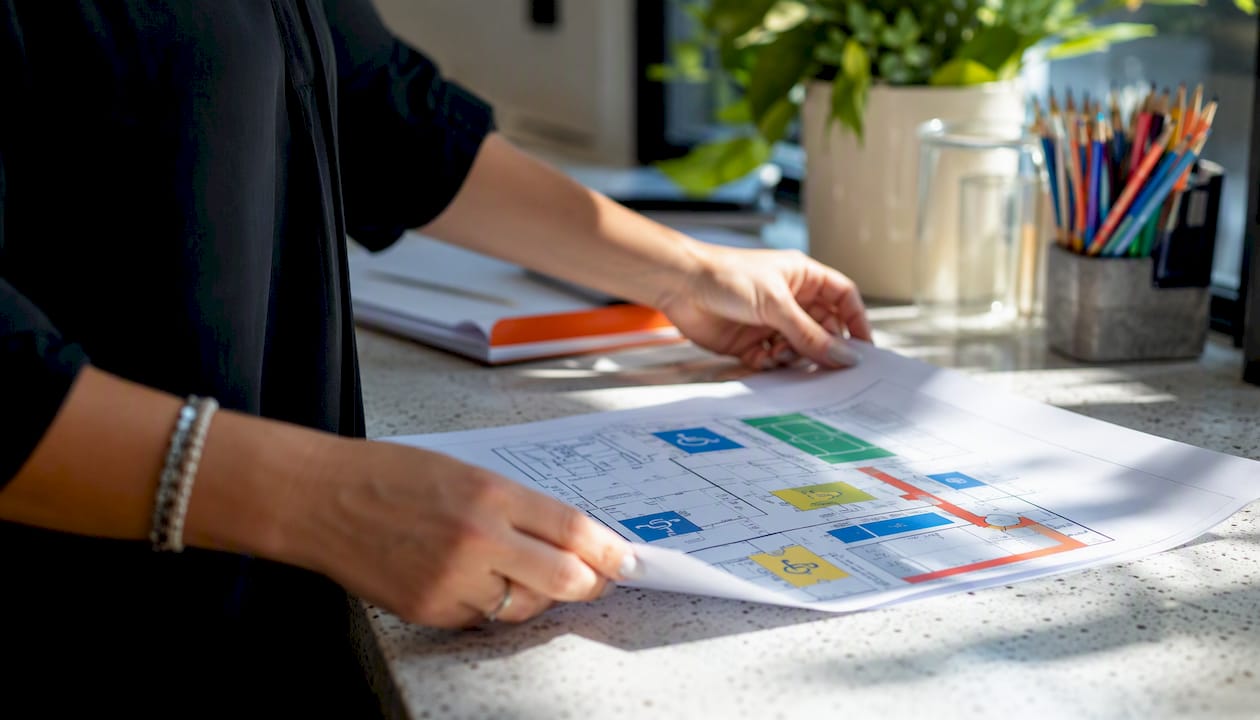 Colorful flowchart printout held by hands