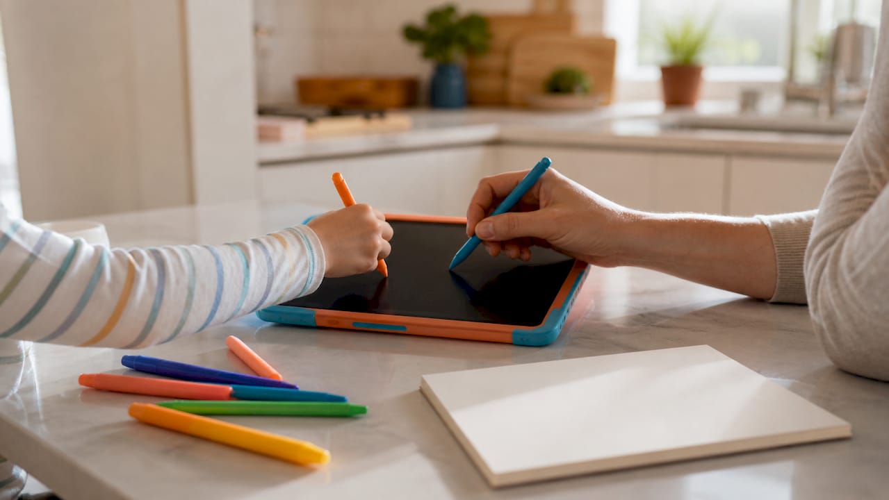 Hands collaborating on digital whiteboard tablet