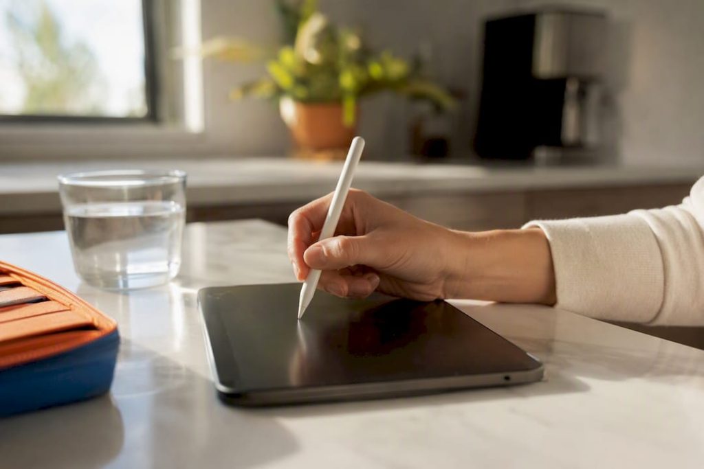Tutor’s hand drawing math problem on tablet