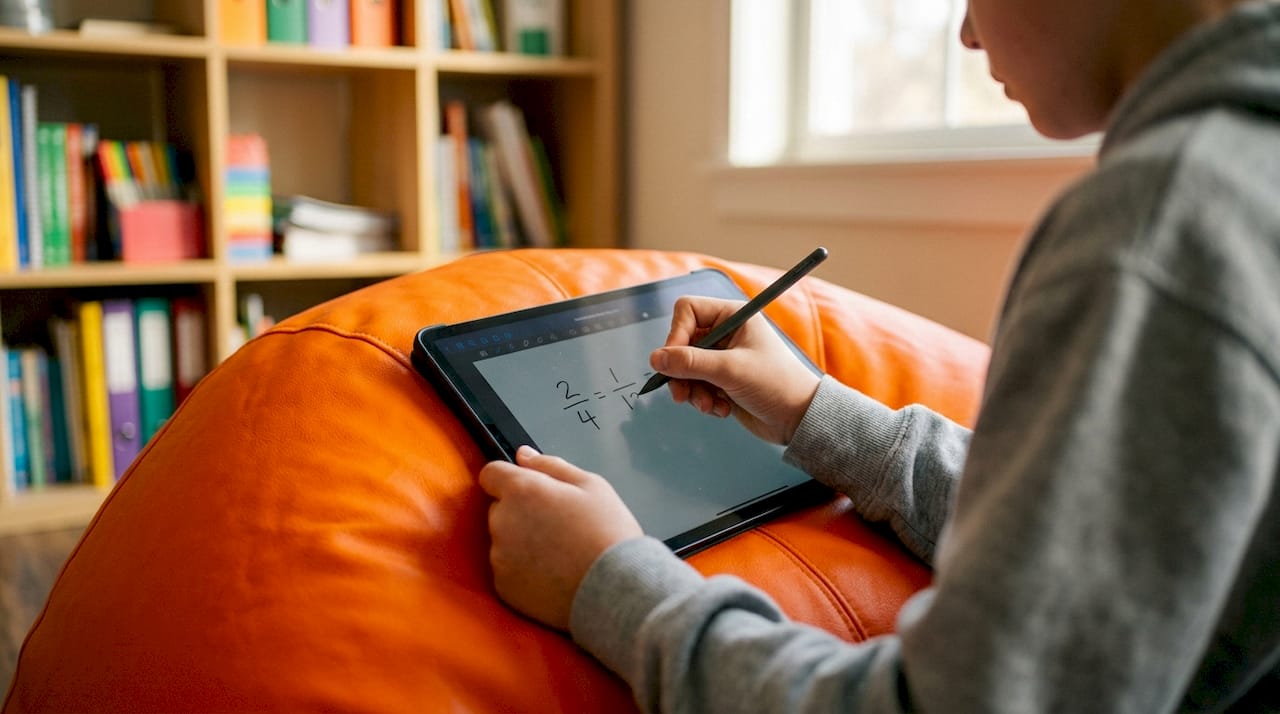 Hands solving fraction problem on tablet
