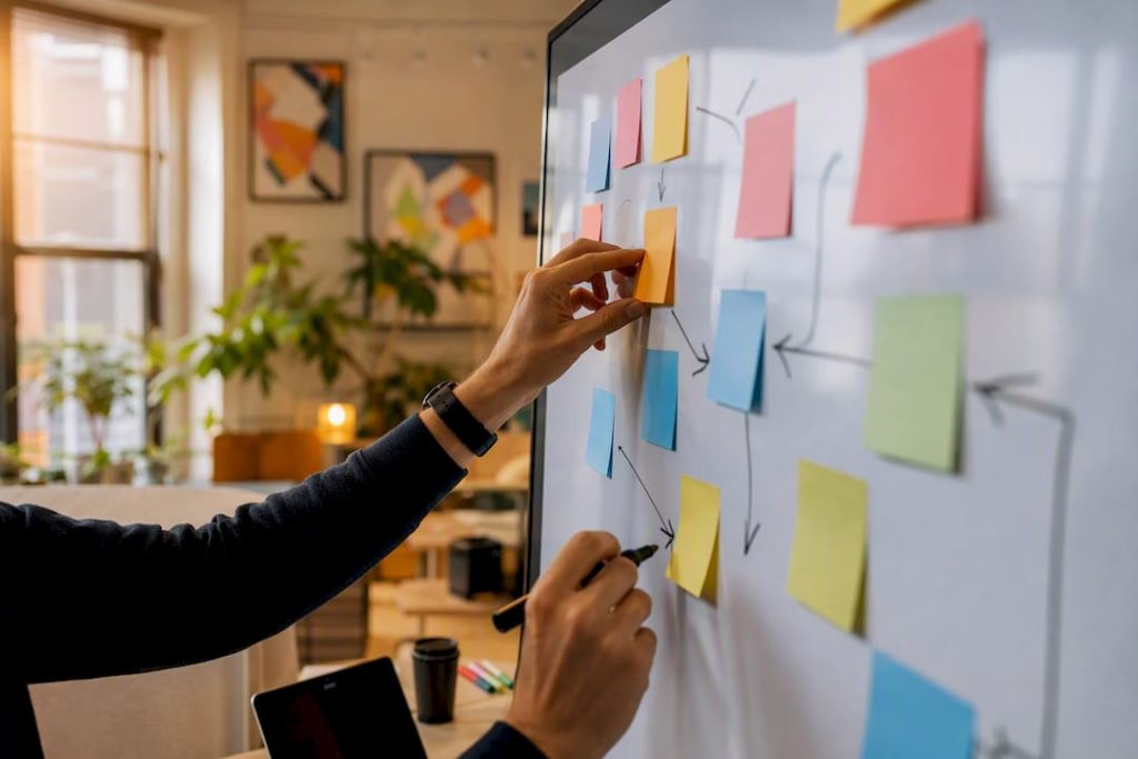 Hands arranging sticky notes on digital whiteboard