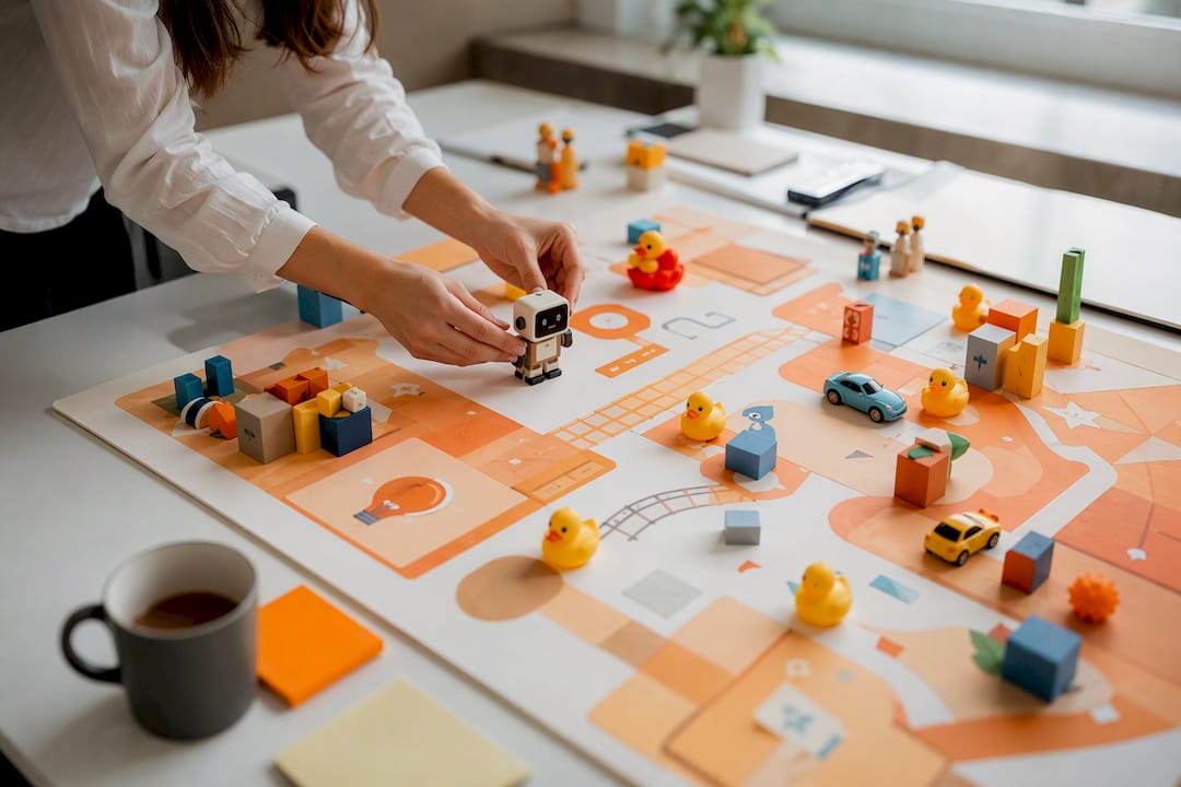 Playful themed retrospective board on desk