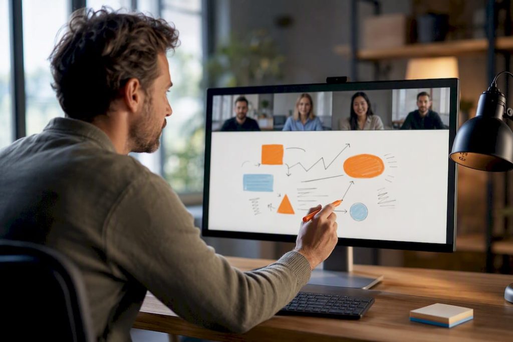 Facilitator using whiteboard during video meeting