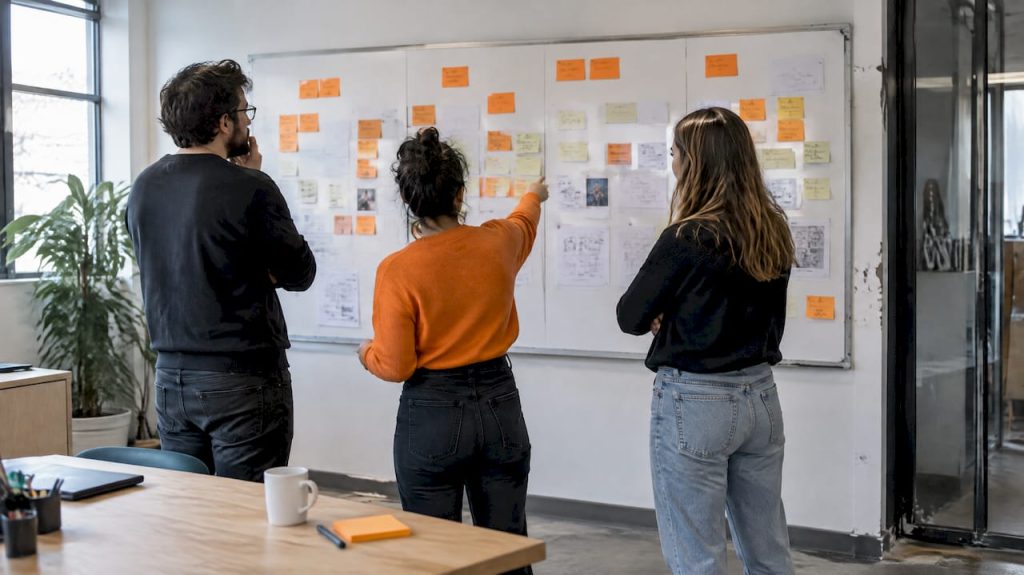 Team reviewing a five-day sprint whiteboard